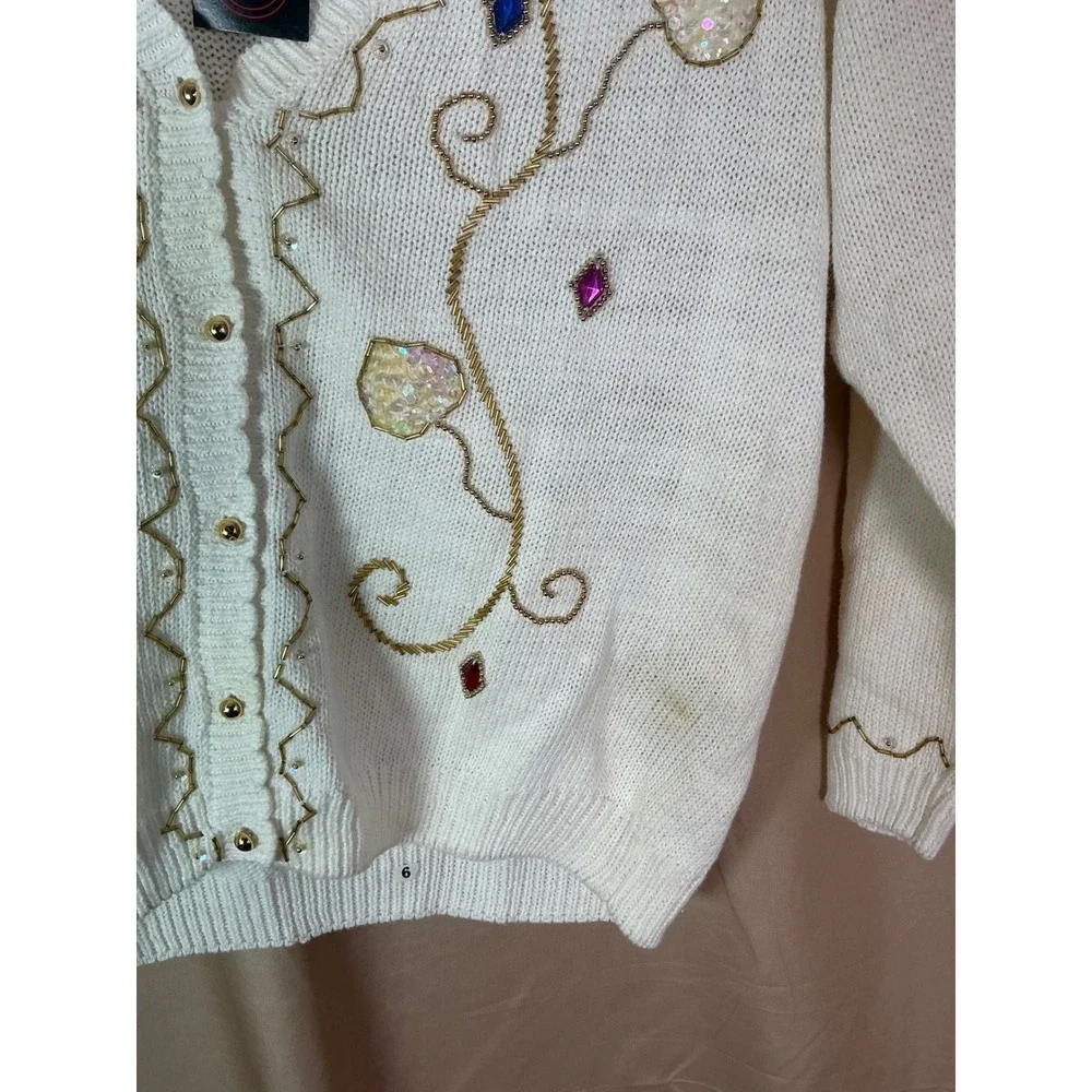 Exclusive Imports Cardigan Womens Medium Cream NWT Beaded Sequin Vintage V-Neck